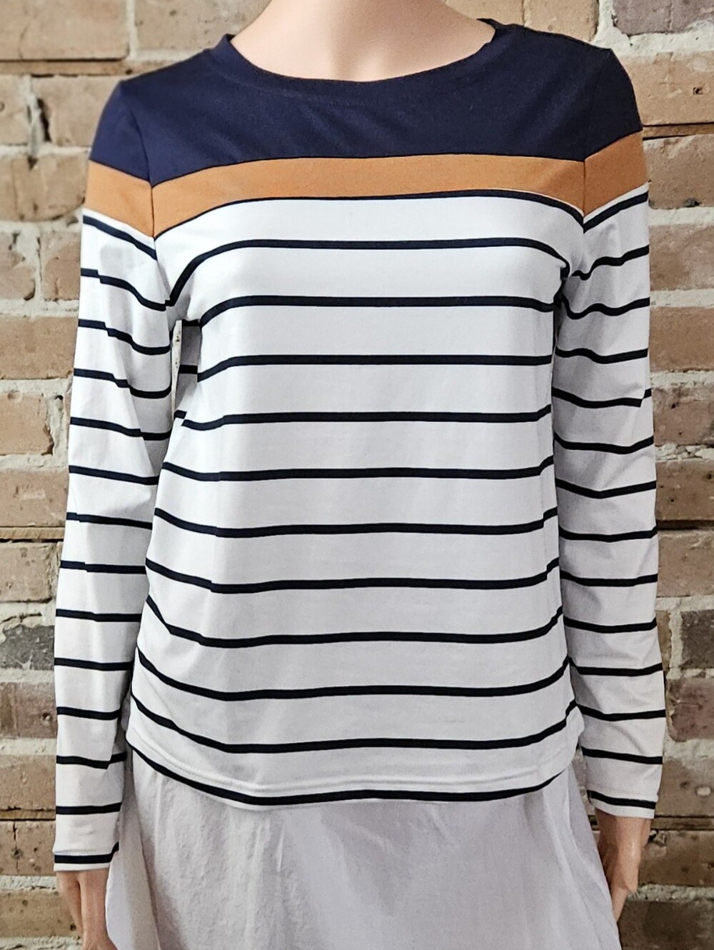 Shein Striped Long-Sleeve Crewneck Top in Navy, White & Tan Size Small